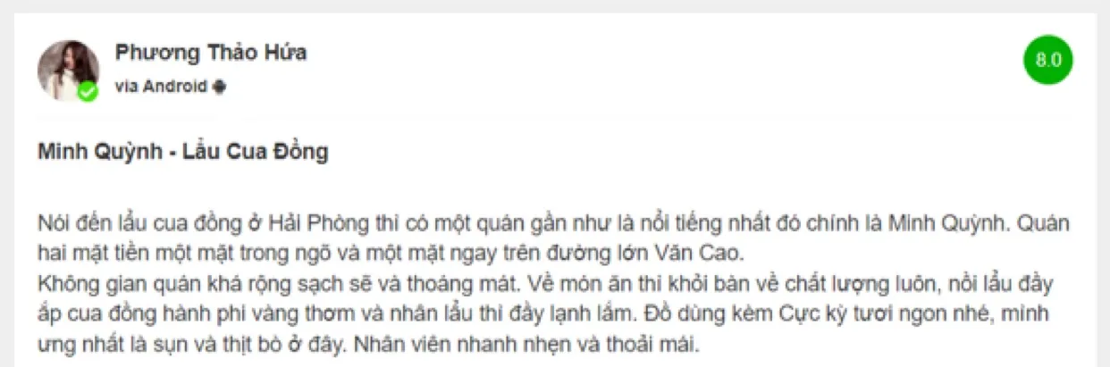 No đẫy bụng nồi Lẩu cua đồng Minh Quỳnh Hải Phòng chất lượng